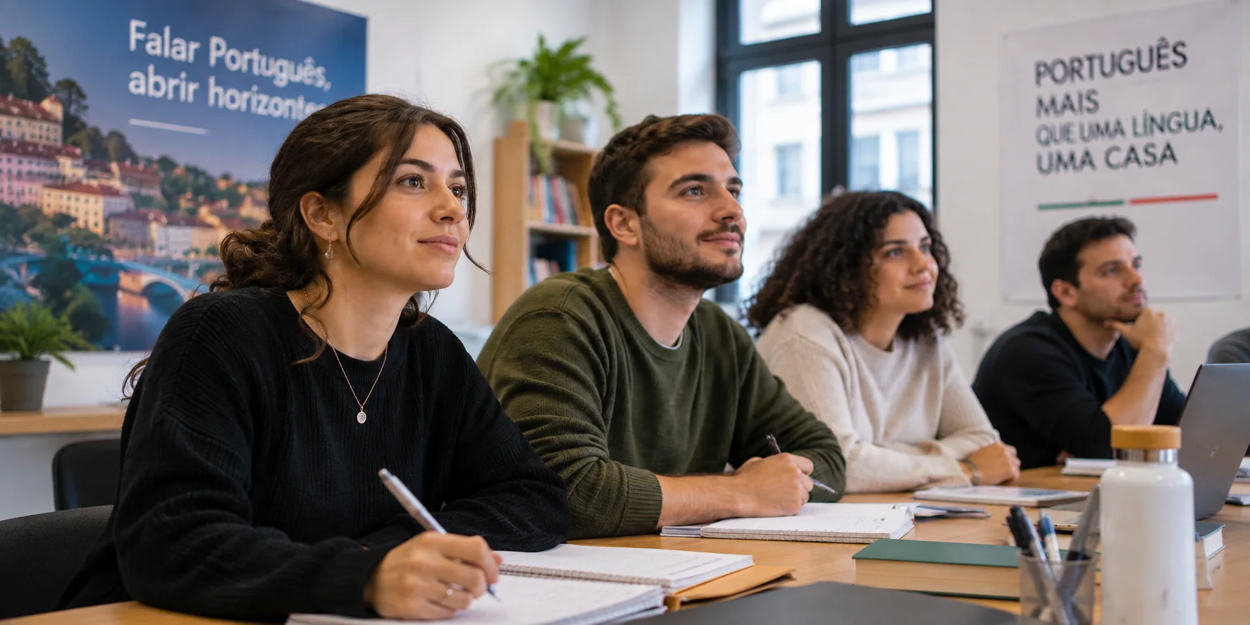 Master European Portuguese study desk with grammar guides and Lisbon background