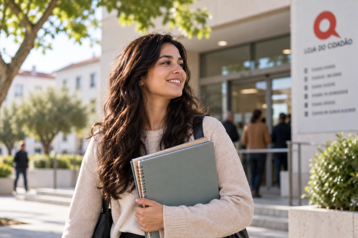 Student with study notebooks outside Loja do Cidadão public service center in Portugal