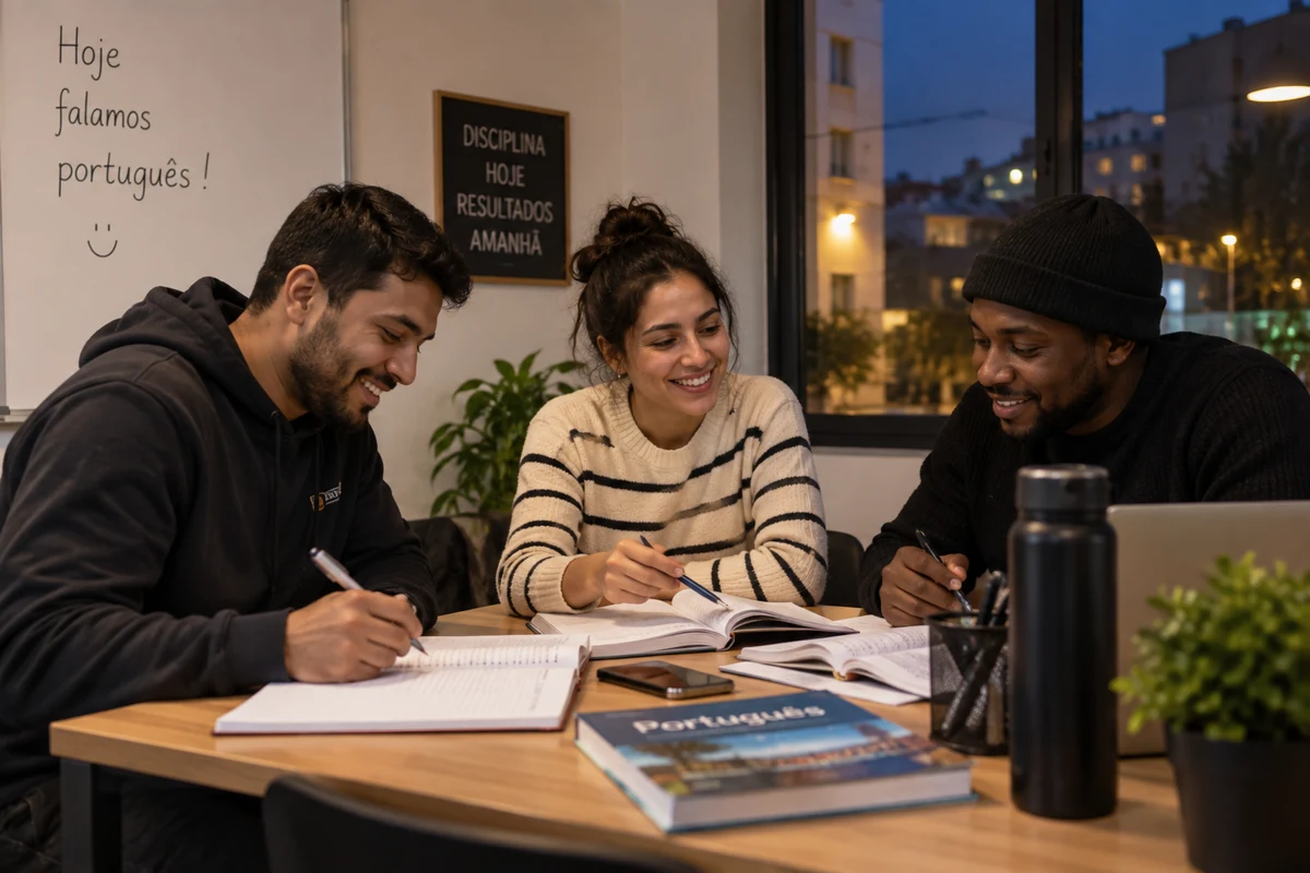 Immigrant students collaborating in evening Portuguese language study session