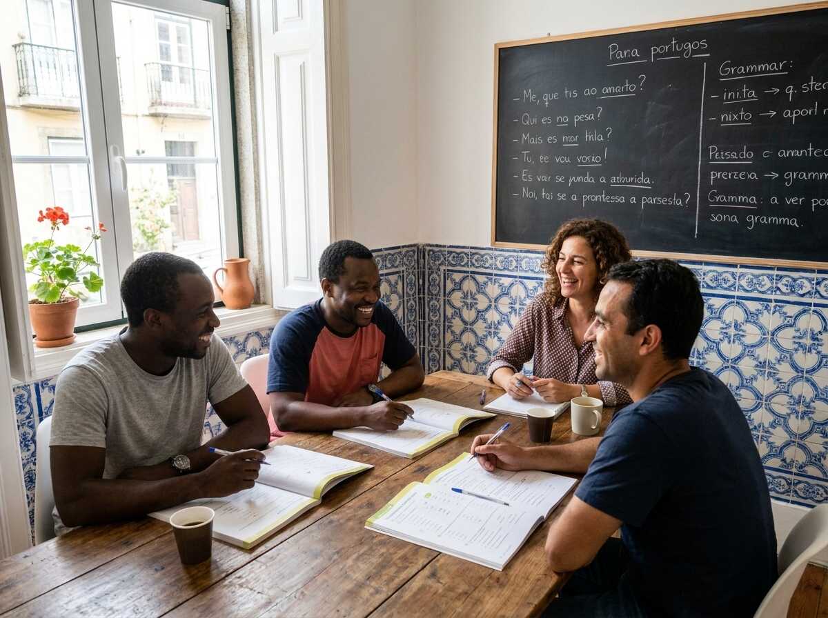 Interactive Portuguese dialogue practice in traditional classroom with azulejos and chalkboard