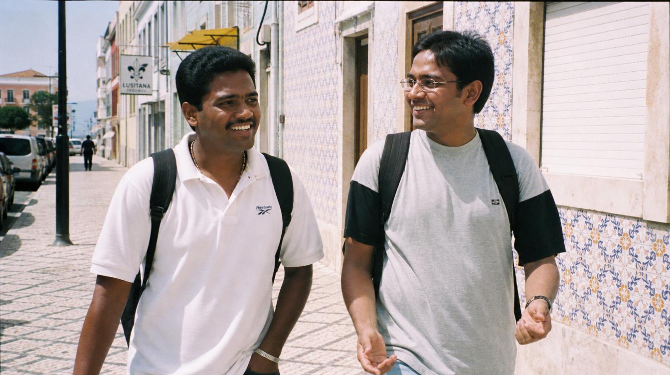 Two immigrant students smiling with backpacks walking in sunny Greater Lisbon area