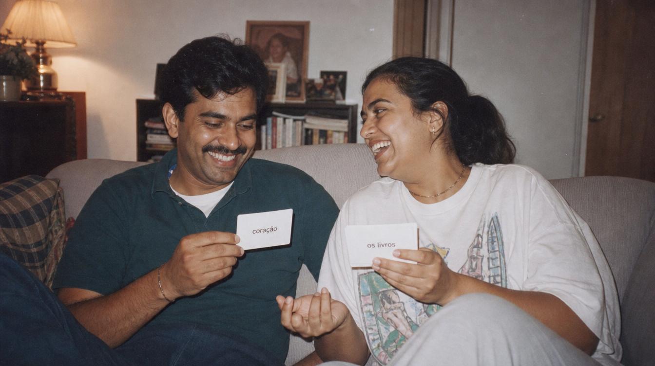 Immigrant couple practicing Portuguese vocabulary flashcards together at home