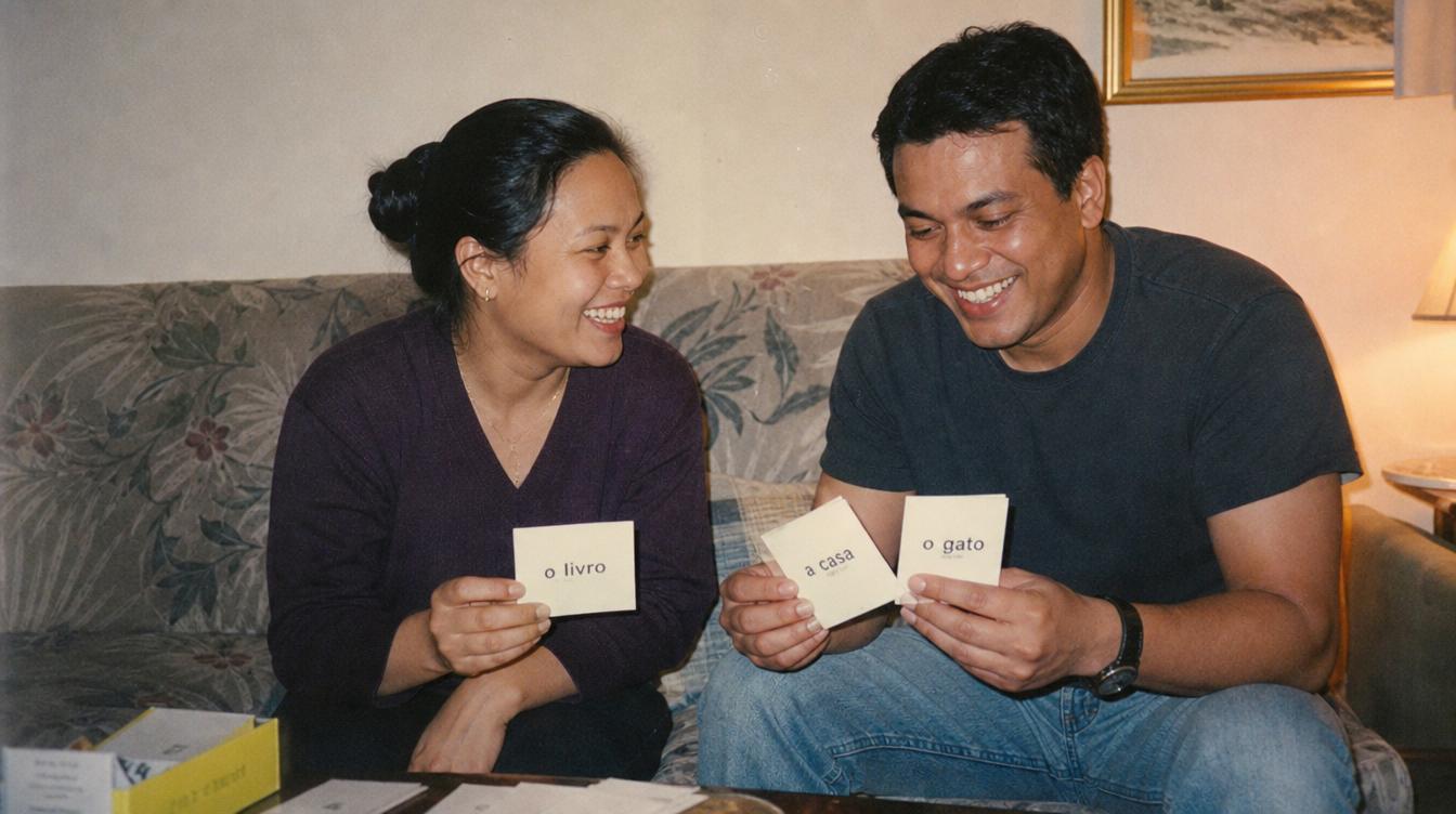 Students studying core Portuguese vocabulary cards together for exam preparation