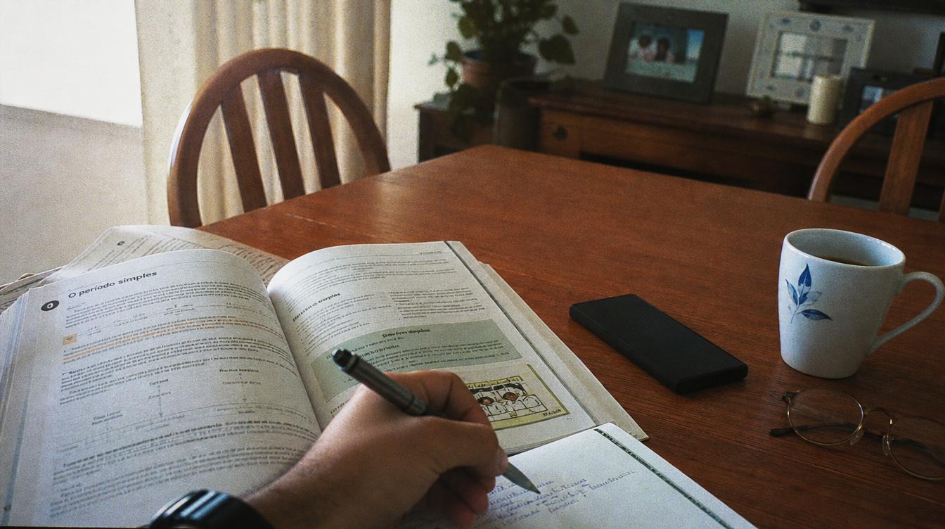 Student writing notes and studying Portuguese grammar textbook with coffee