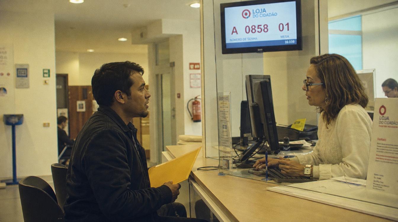 Resident attending an official appointment at Loja do Cidadão desk in Portugal